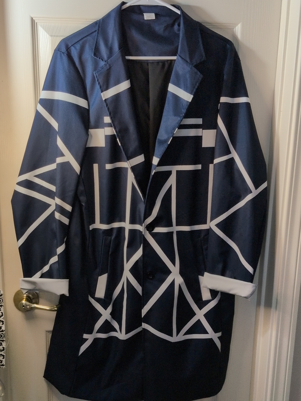 Women's Navy Blue Geometric Pattern Overcoat. Front Pockets. Size XXL